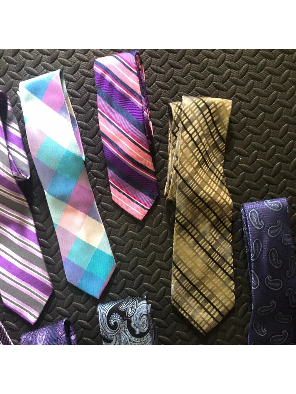 Set of 13 Men's Patterned Silk Ties in Purple, Pink, Blue, and Gold Tones